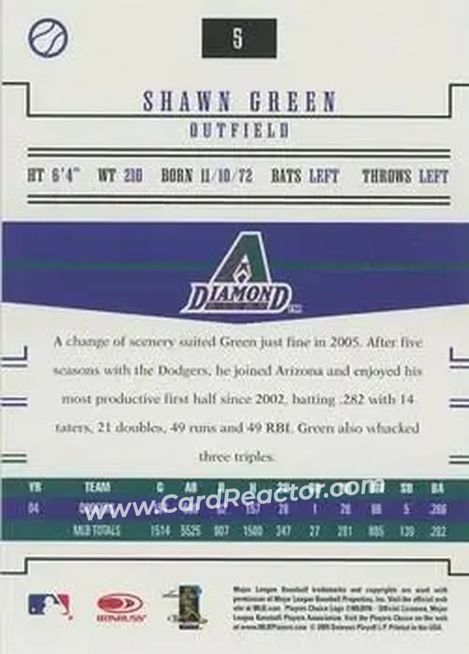2005 Donruss Prime Patches #5 - Shawn Green - Arizona Diamondbacks - Back 2005 Donruss Prime Patches #5 - Shawn Green - Arizona Diamondbacks - Back