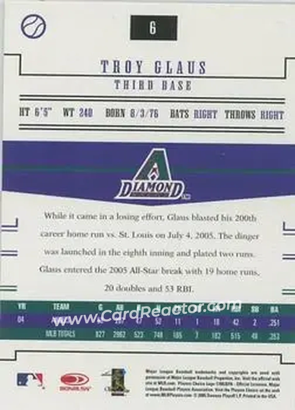 2005 Donruss Prime Patches #6 - Troy Glaus - Arizona Diamondbacks - Back 2005 Donruss Prime Patches #6 - Troy Glaus - Arizona Diamondbacks - Back