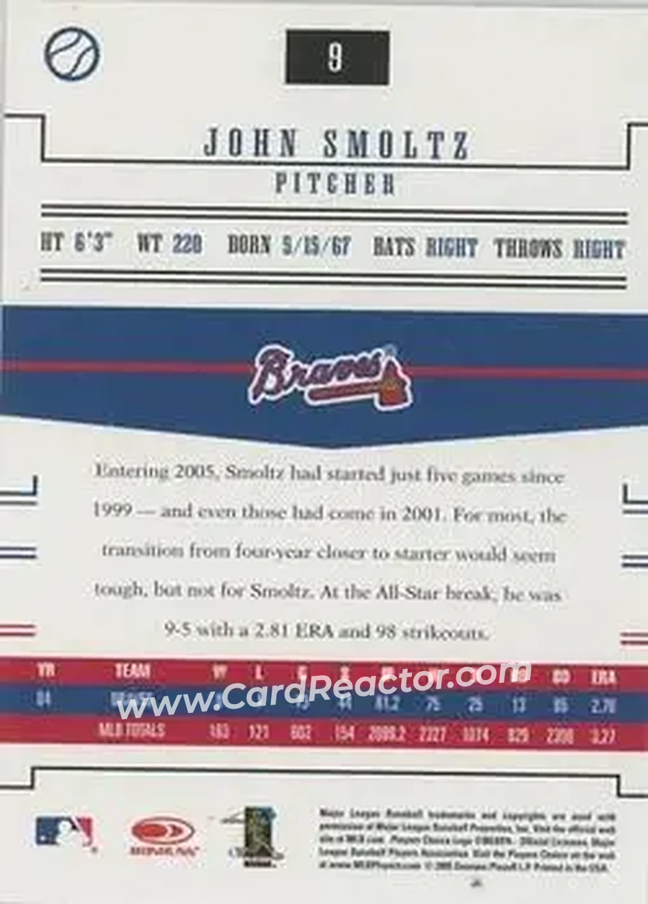 2005 Donruss Prime Patches #9 - John Smoltz - Atlanta Braves - Back