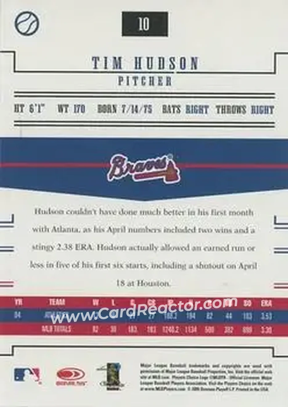 2005 Donruss Prime Patches #10 - Tim Hudson - Atlanta Braves - Back