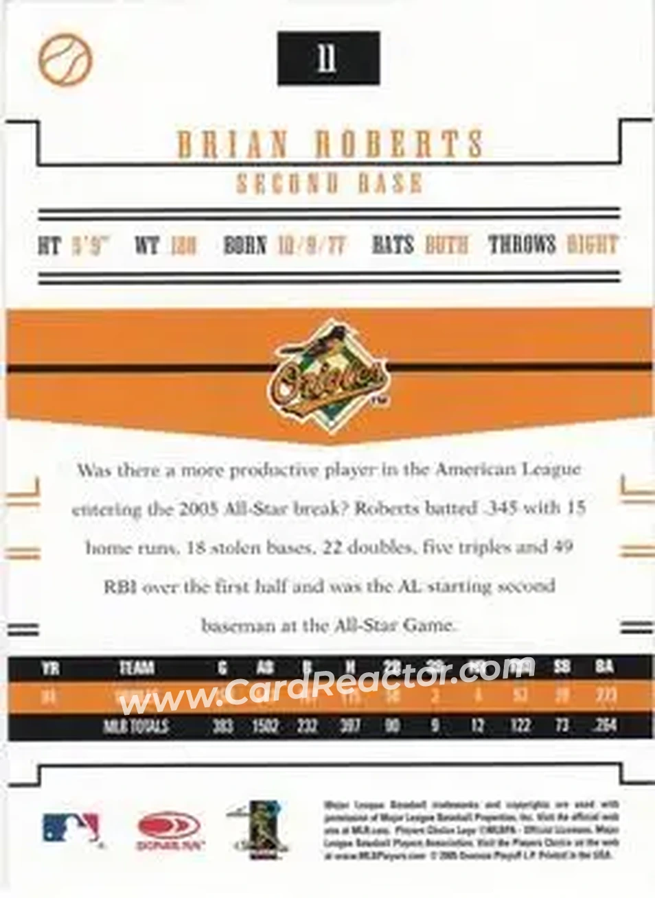 2005 Donruss Prime Patches #11 - Brian Roberts - Baltimore Orioles - Back