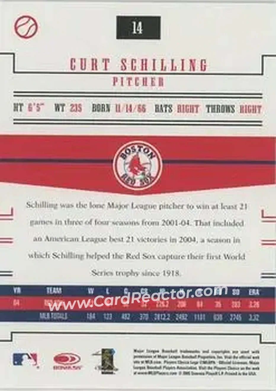 2005 Donruss Prime Patches #14 - Curt Schilling - Boston Red Sox - Back