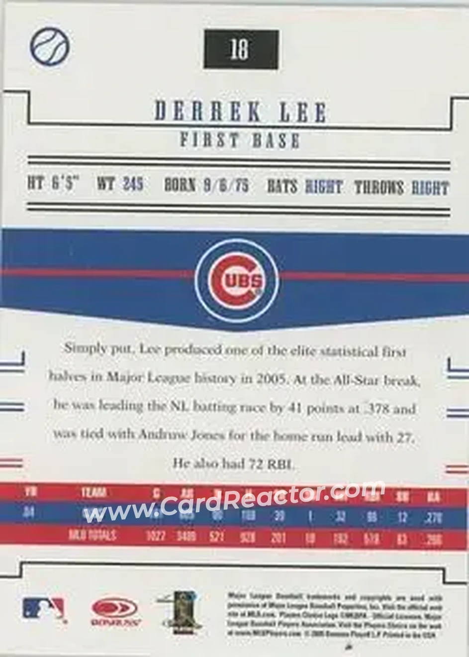 2005 Donruss Prime Patches #18 - Derrek Lee - Chicago Cubs - Back 2005 Donruss Prime Patches #18 - Derrek Lee - Chicago Cubs - Back