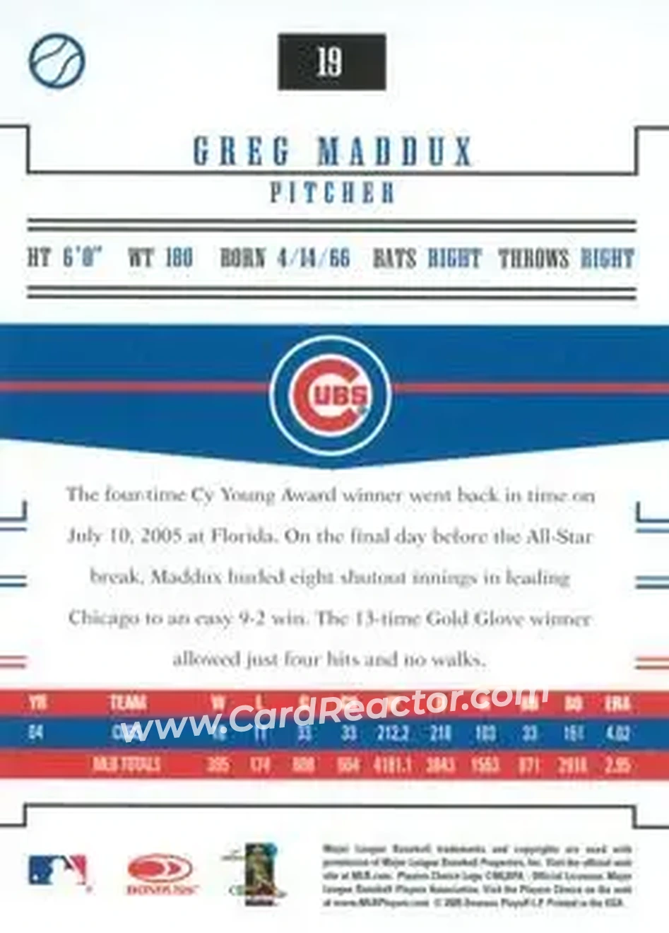 2005 Donruss Prime Patches #19 - Greg Maddux - Chicago Cubs - Back