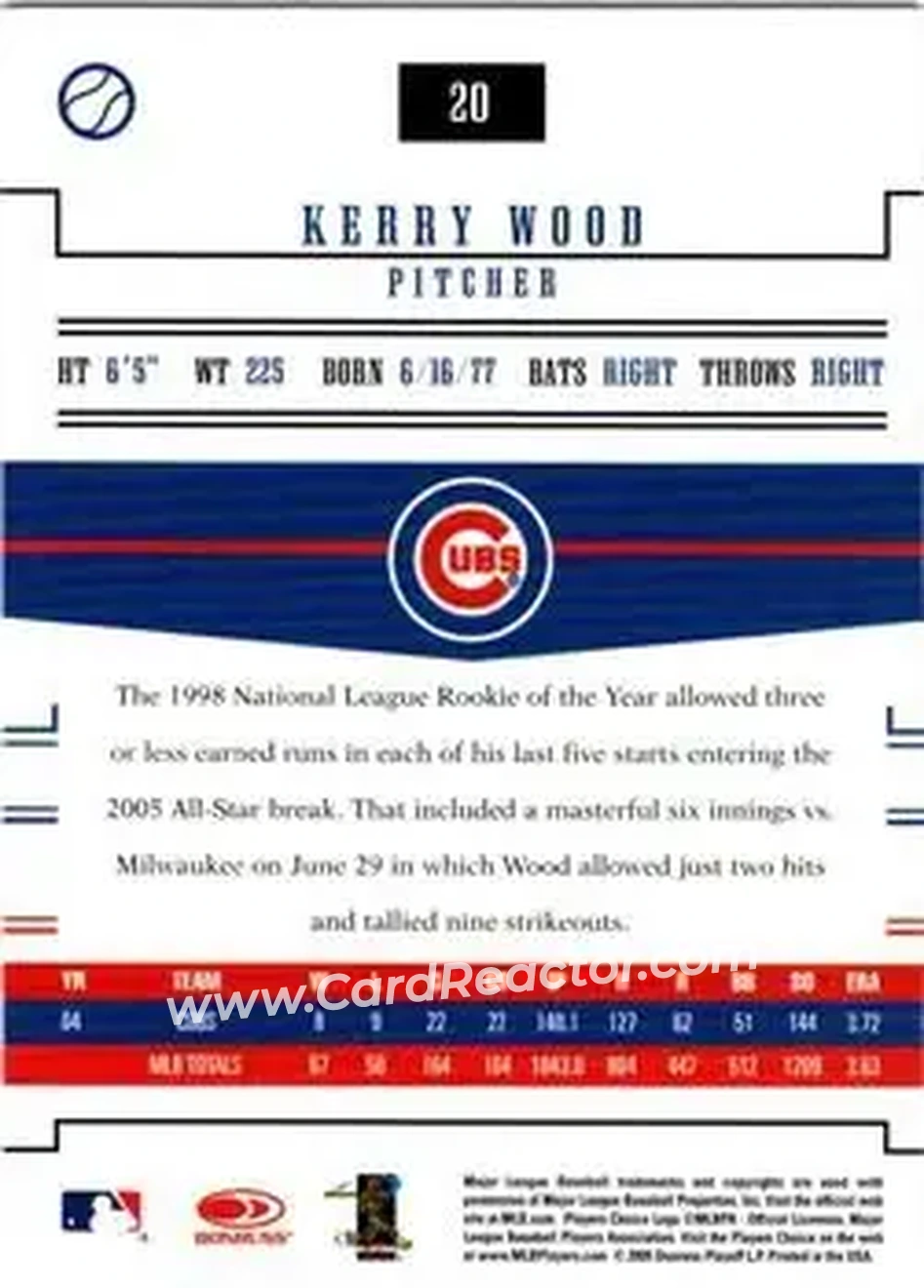 2005 Donruss Prime Patches #20 - Kerry Wood - Chicago Cubs - Back 2005 Donruss Prime Patches #20 - Kerry Wood - Chicago Cubs - Back