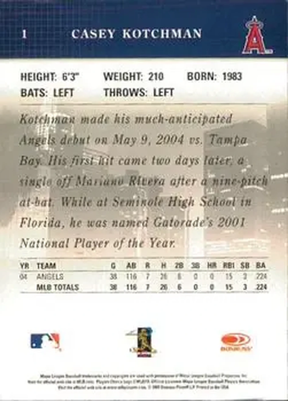 2005 Donruss Studio #1 - Casey Kotchman - Los Angeles Angels - Back 2005 Donruss Studio #1 - Casey Kotchman - Los Angeles Angels - Back