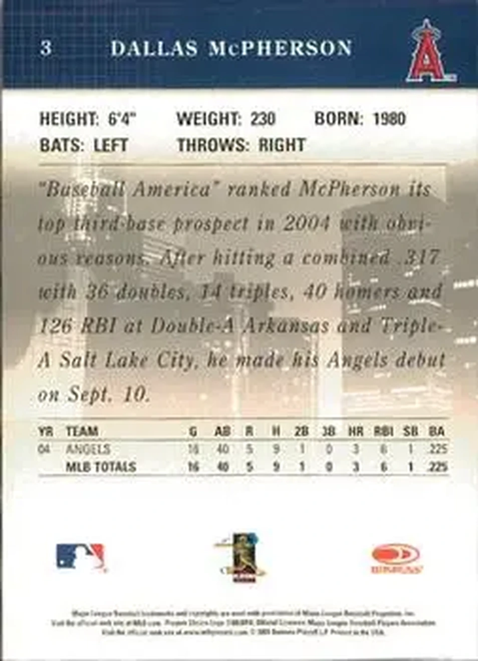 2005 Donruss Studio #3 - Dallas McPherson - Los Angeles Angels - Back