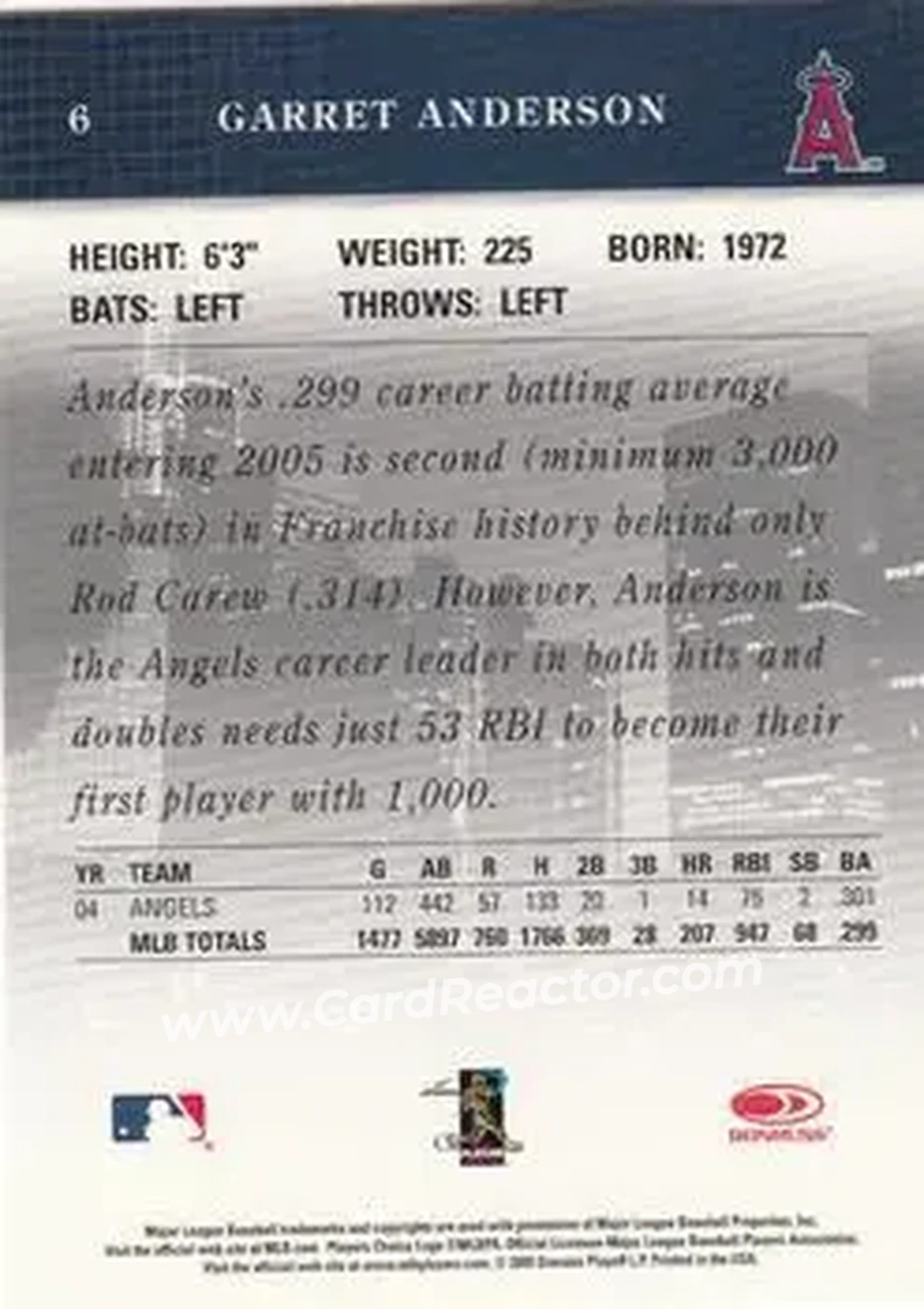 2005 Donruss Studio #6 - Garret Anderson - Los Angeles Angels - Back