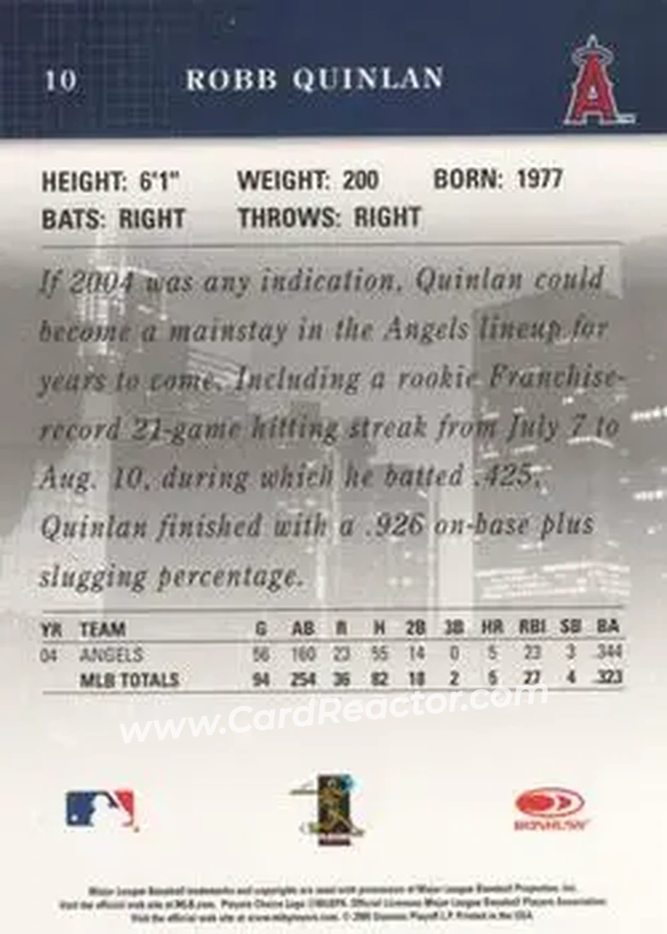 2005 Donruss Studio #10 - Robb Quinlan - Los Angeles Angels - Back