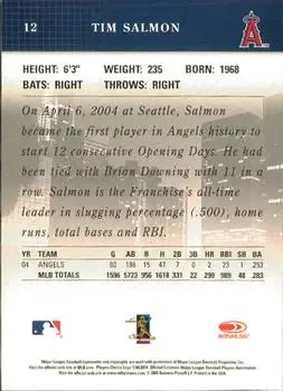2005 Donruss Studio #12 - Tim Salmon - Los Angeles Angels - Back