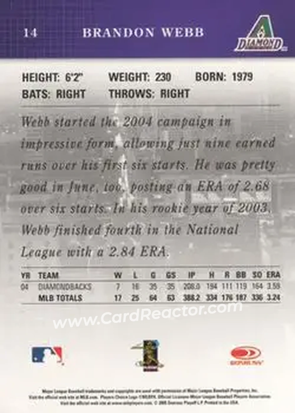 2005 Donruss Studio #14 - Brandon Webb - Arizona Diamondbacks - Back 2005 Donruss Studio #14 - Brandon Webb - Arizona Diamondbacks - Back