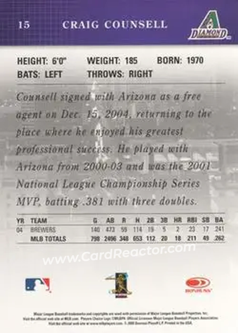 2005 Donruss Studio #15 - Craig Counsell - Arizona Diamondbacks - Back