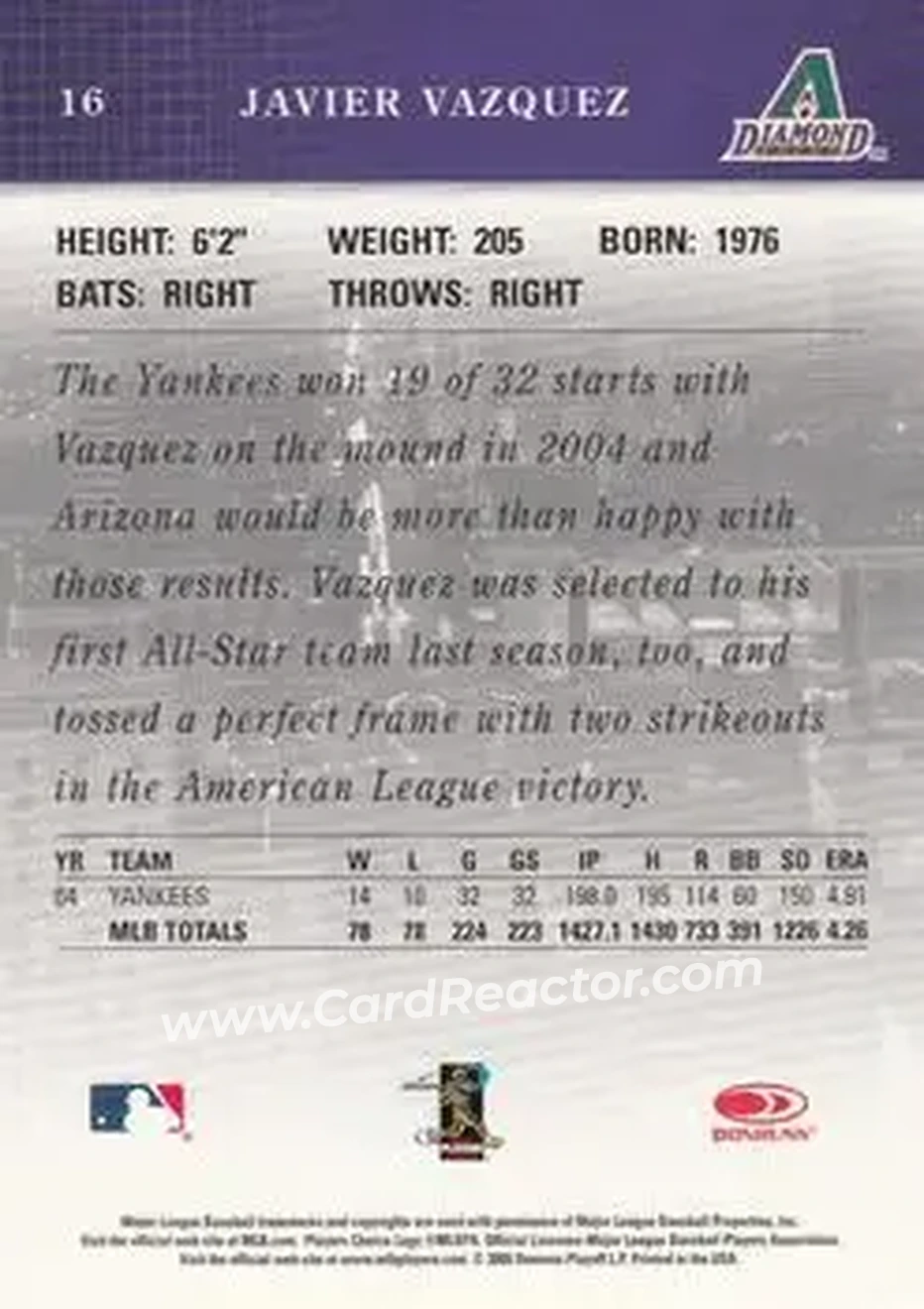 2005 Donruss Studio #16 - Javier Vazquez - Arizona Diamondbacks - Back