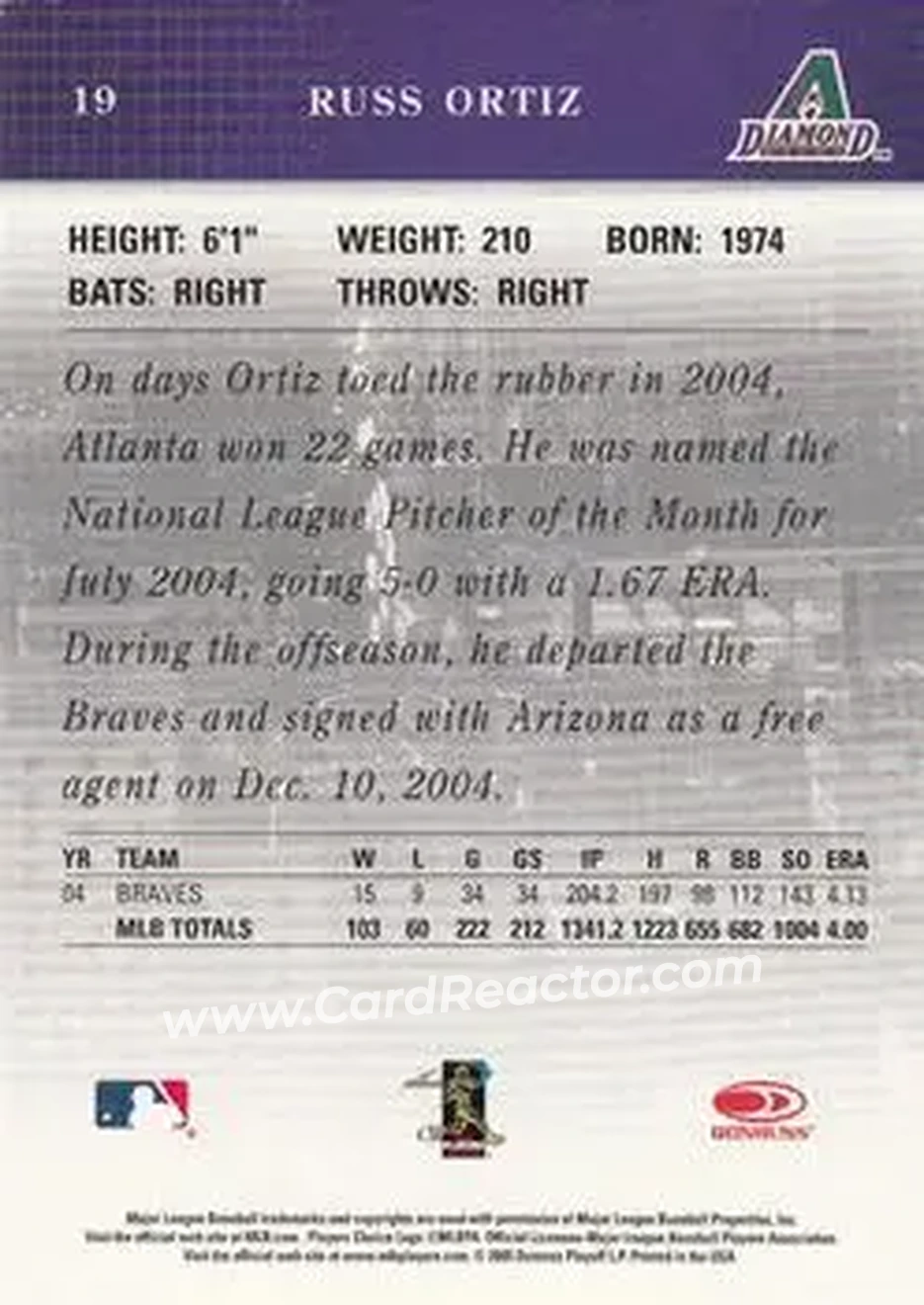 2005 Donruss Studio #19 - Russ Ortiz - Arizona Diamondbacks - Back