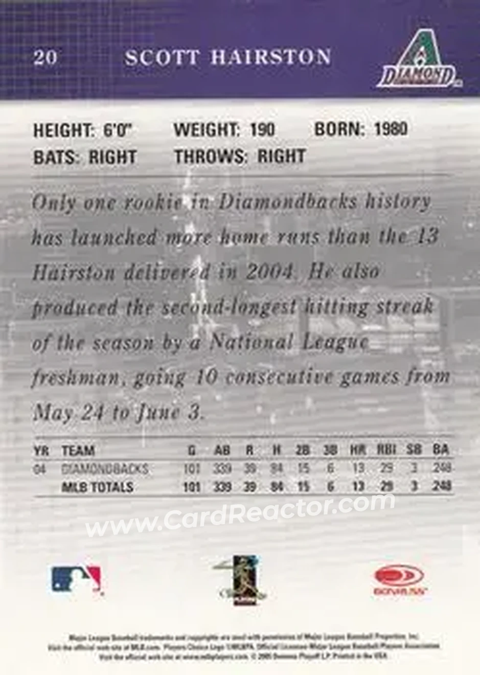 2005 Donruss Studio #20 - Scott Hairston - Arizona Diamondbacks - Back