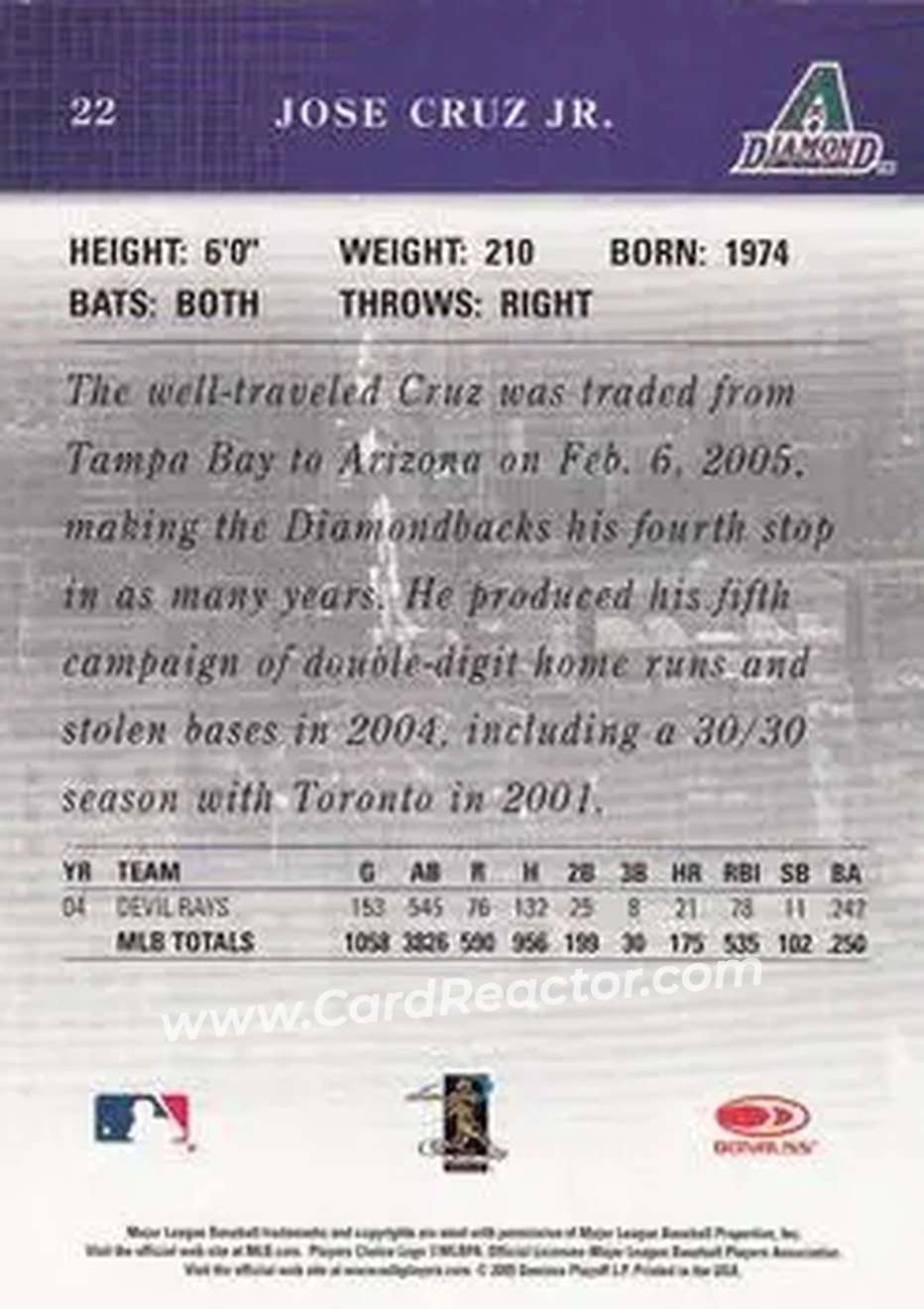 2005 Donruss Studio #22 - Jose Cruz - Arizona Diamondbacks - Back