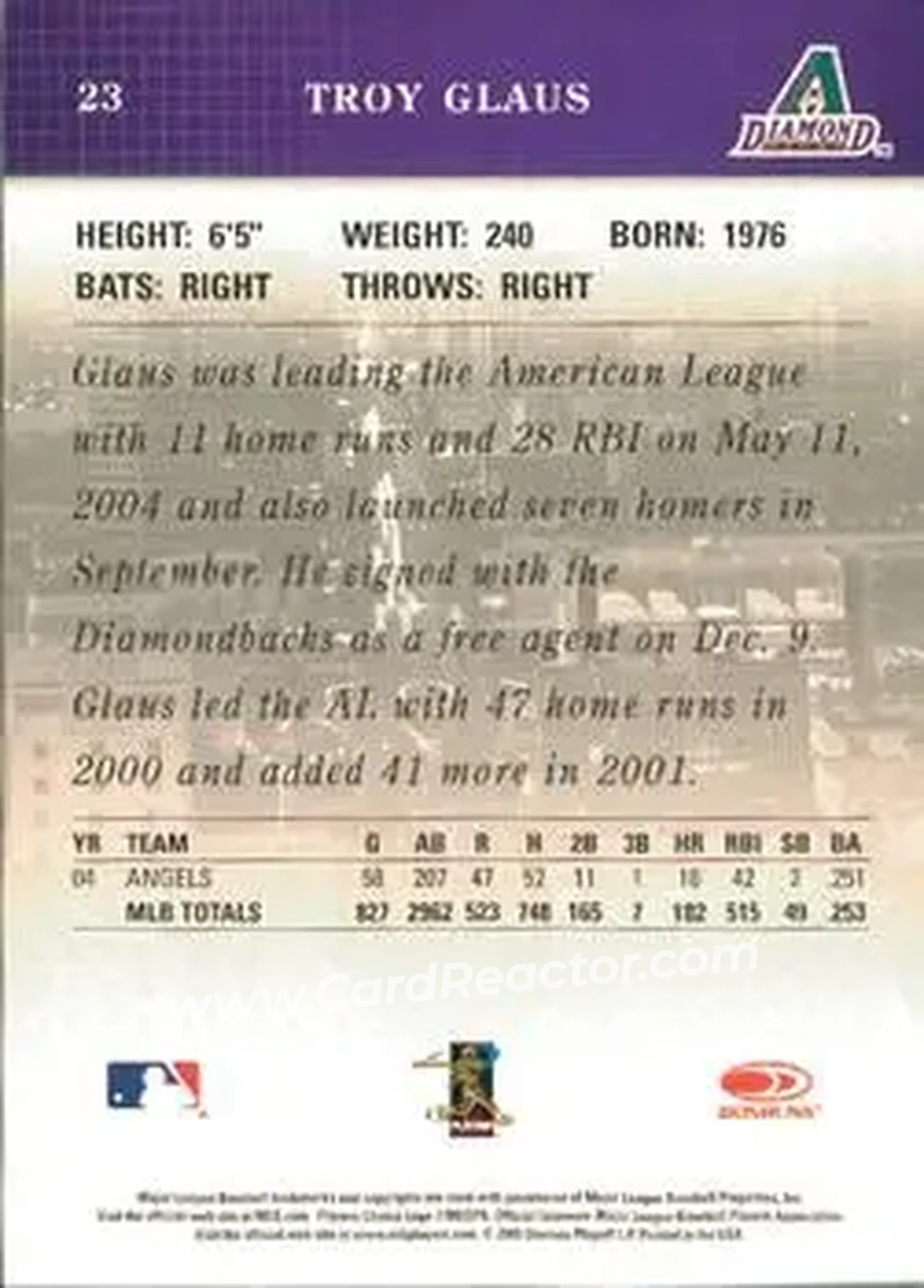 2005 Donruss Studio #23 - Troy Glaus - Arizona Diamondbacks - Back