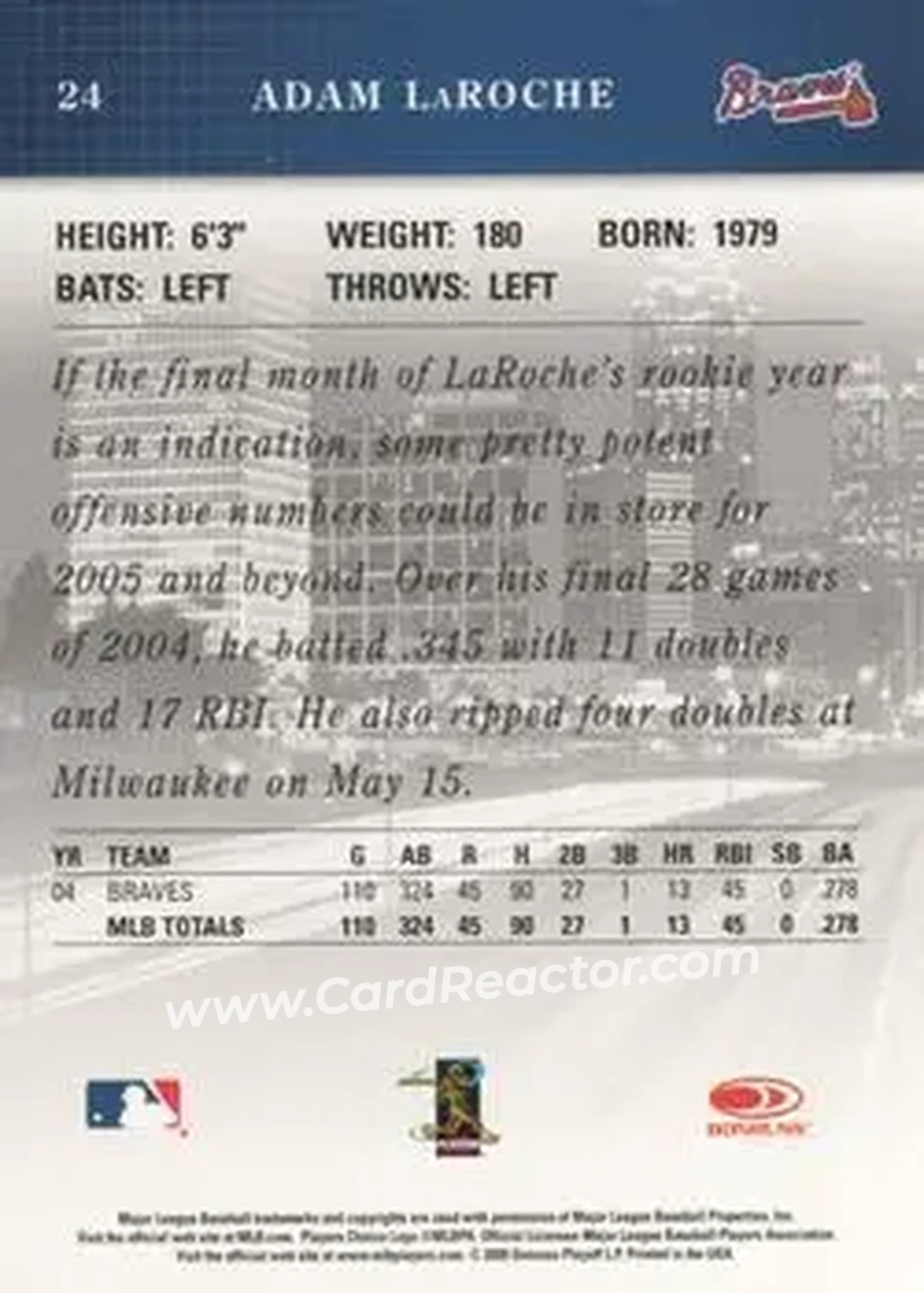 2005 Donruss Studio #24 - Adam LaRoche - Atlanta Braves - Back