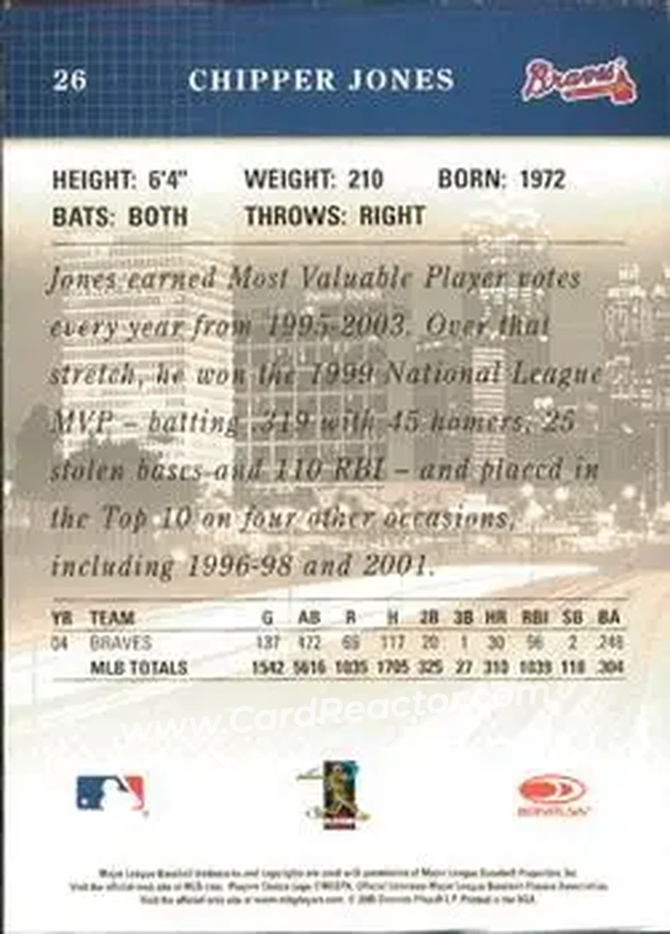 2005 Donruss Studio #26 - Chipper Jones - Atlanta Braves - Back