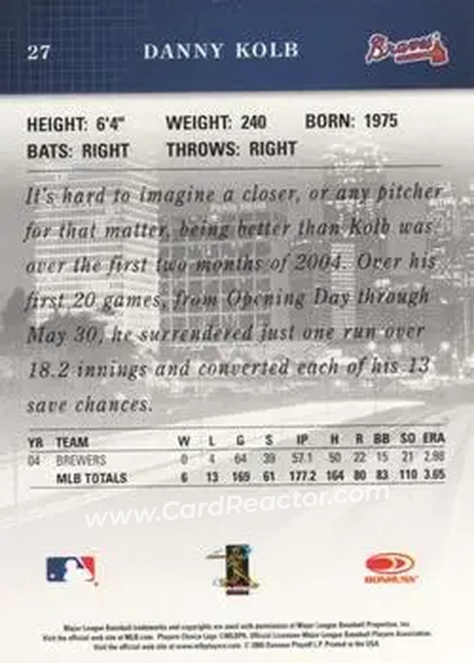 2005 Donruss Studio #27 - Danny Kolb - Atlanta Braves - Back