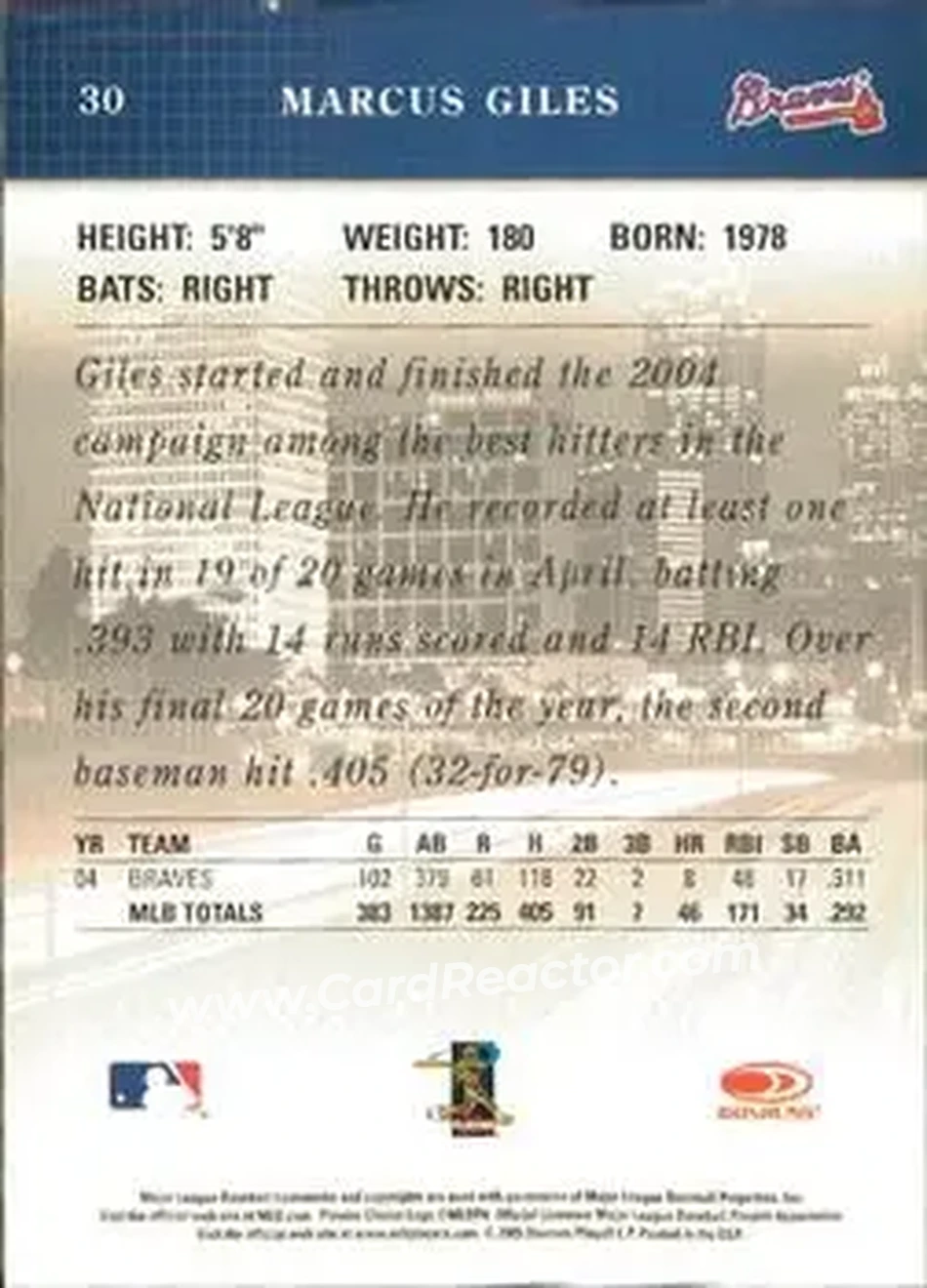 2005 Donruss Studio #30 - Marcus Giles - Atlanta Braves - Back