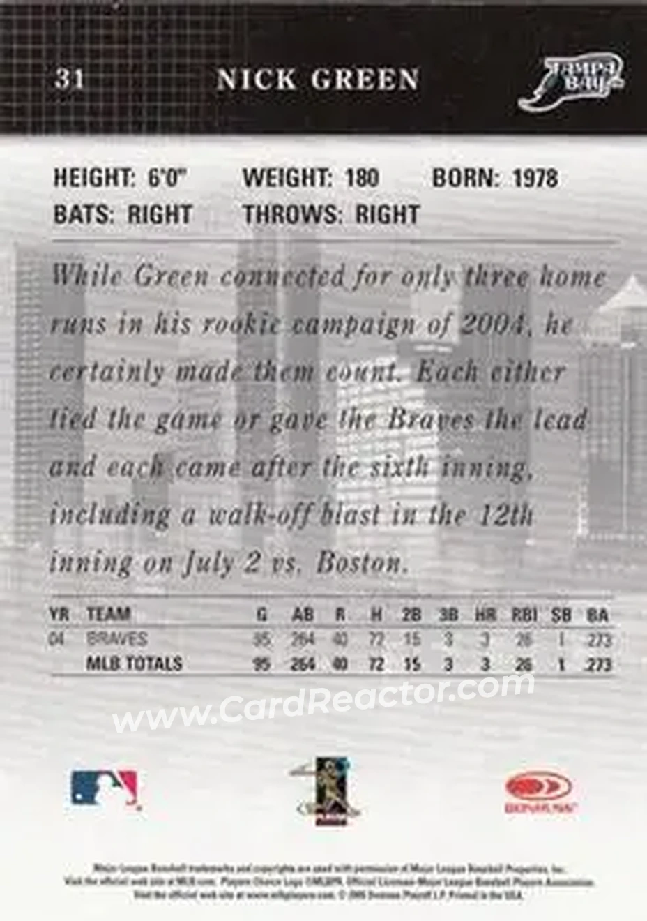 2005 Donruss Studio #31 - Nick Green - Tampa Bay Devil Rays - Back