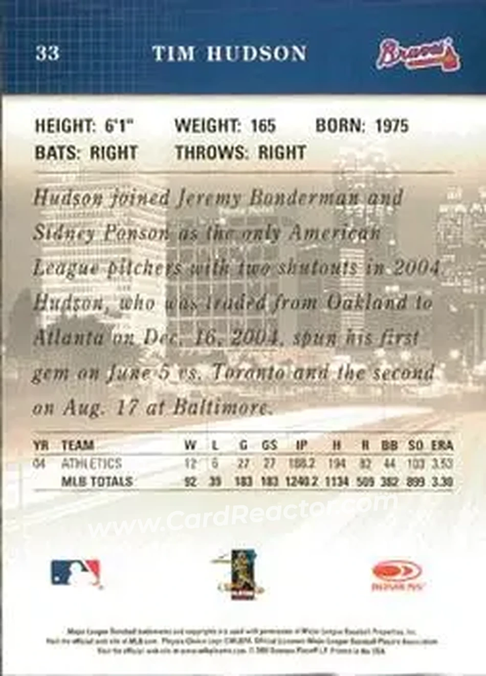 2005 Donruss Studio #33 - Tim Hudson - Atlanta Braves - Back