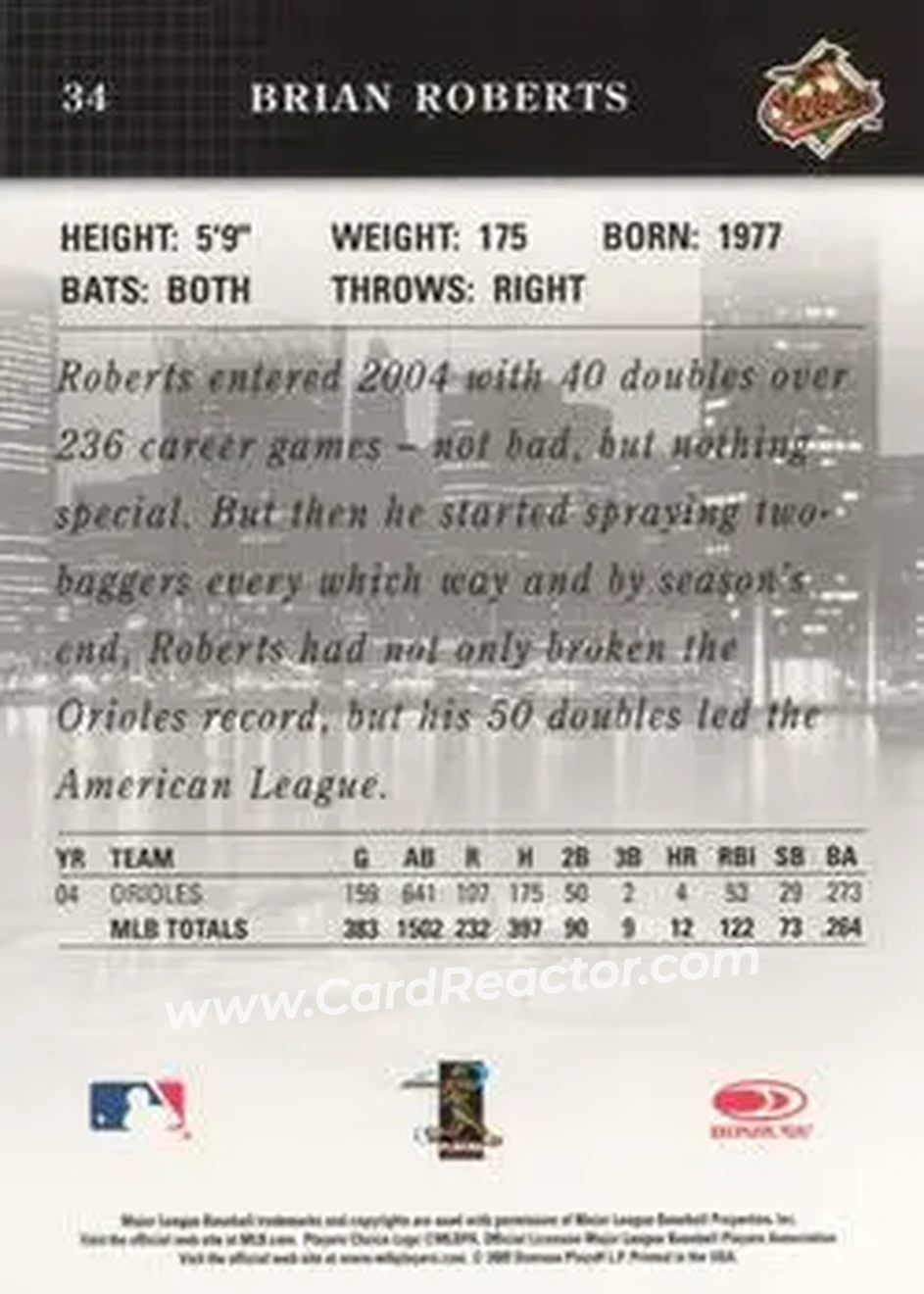 2005 Donruss Studio #34 - Brian Roberts - Baltimore Orioles - Back