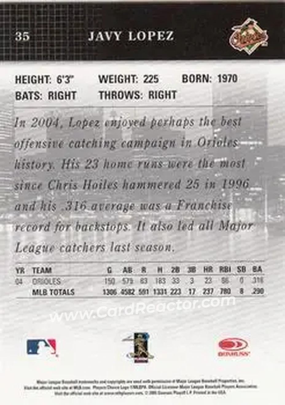 2005 Donruss Studio #35 - Javier Lopez - Baltimore Orioles - Back