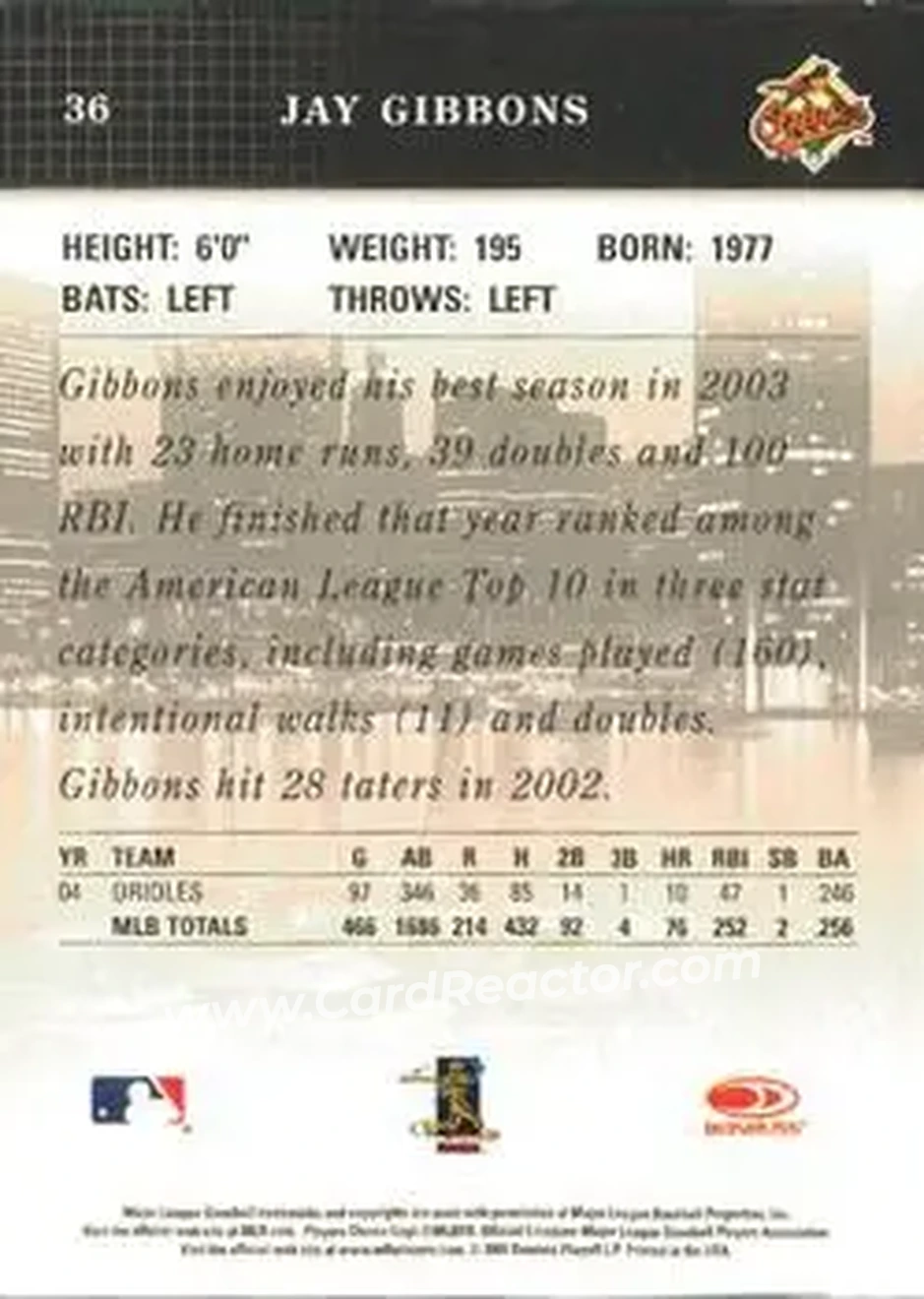 2005 Donruss Studio #36 - Jay Gibbons - Baltimore Orioles - Back