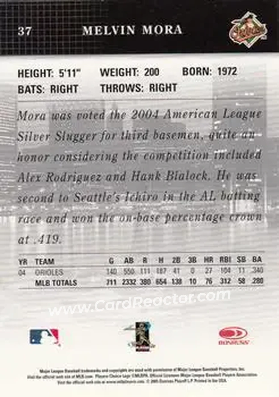 2005 Donruss Studio #37 - Melvin Mora - Baltimore Orioles - Back