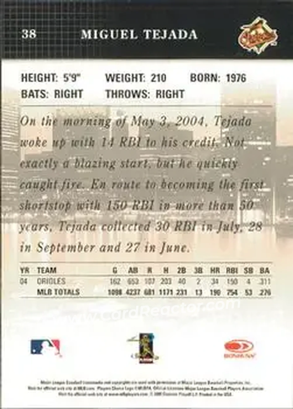2005 Donruss Studio #38 - Miguel Tejada - Baltimore Orioles - Back