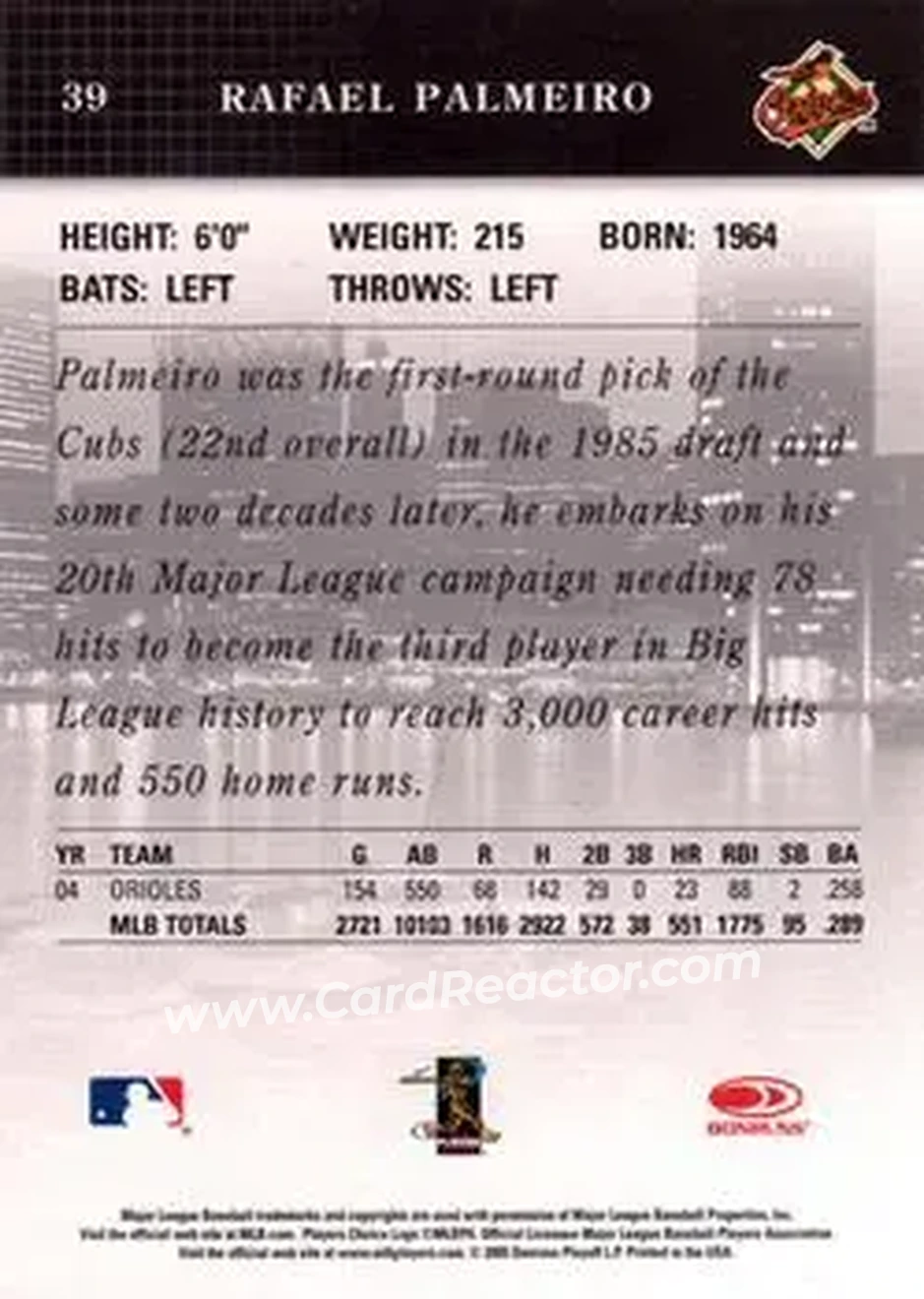 2005 Donruss Studio #39 - Rafael Palmeiro - Baltimore Orioles - Back