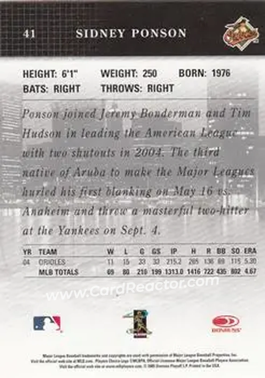 2005 Donruss Studio #41 - Sidney Ponson - Baltimore Orioles - Back