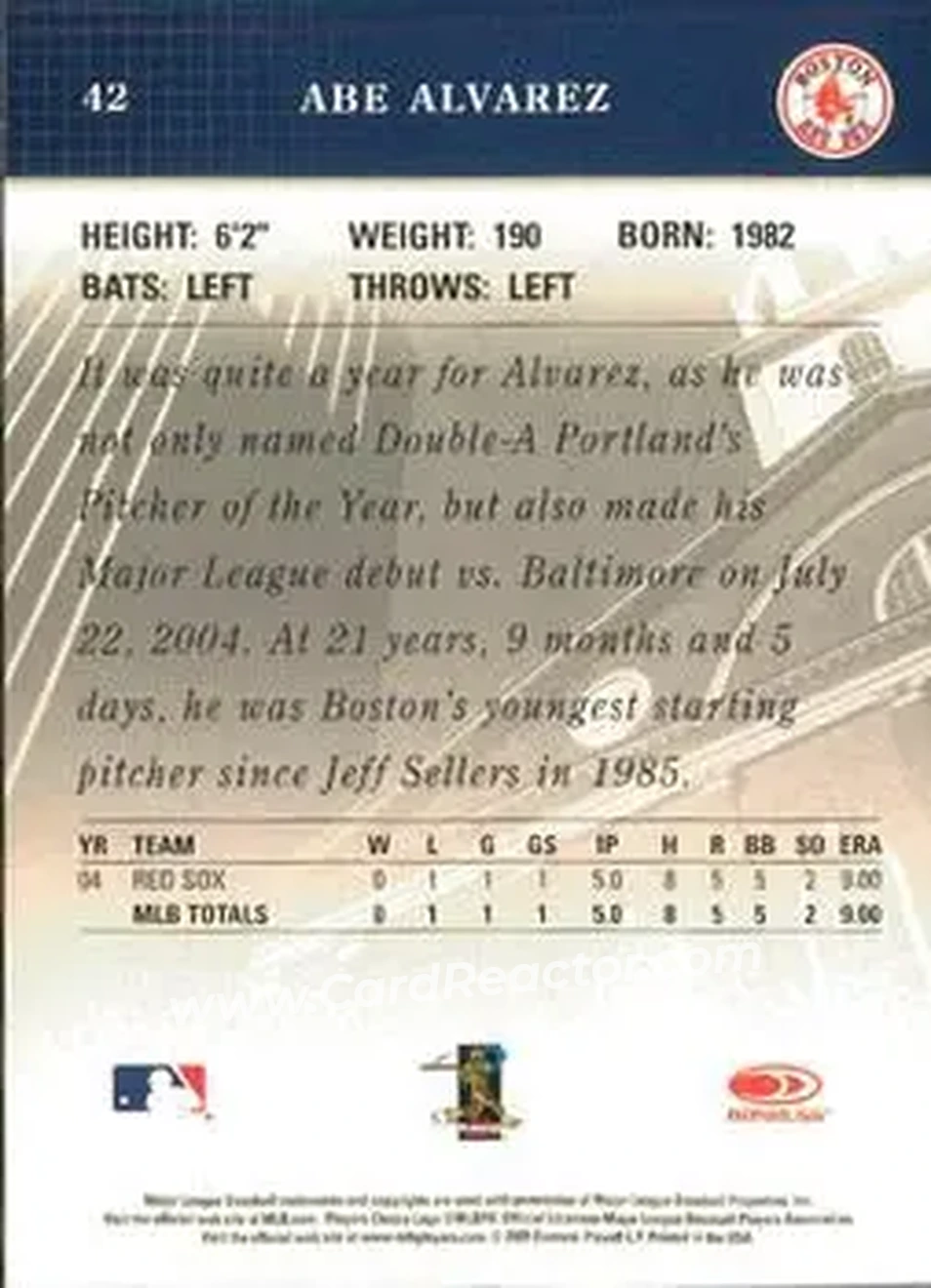 2005 Donruss Studio #42 - Abe Alvarez - Boston Red Sox - Back