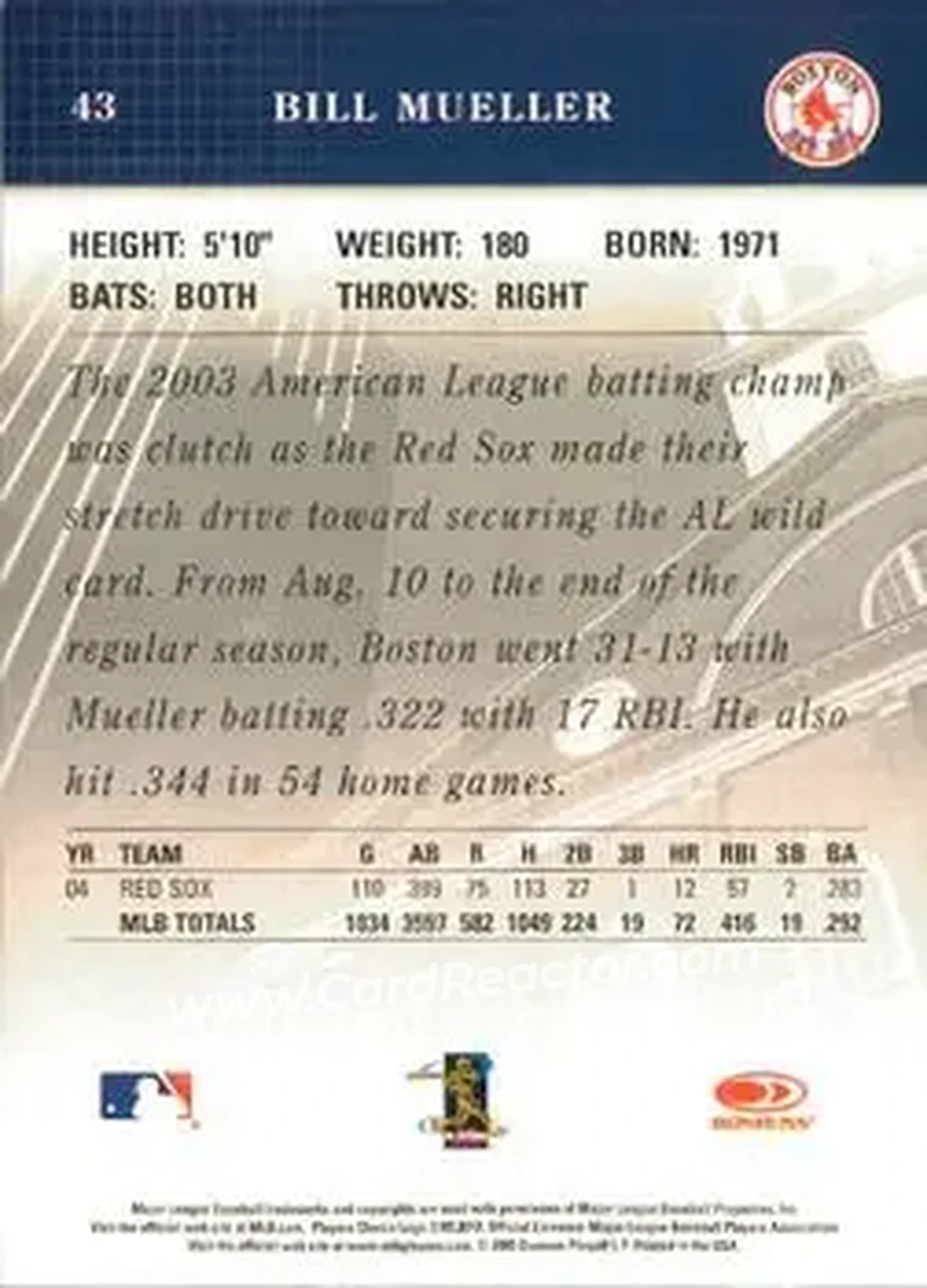 2005 Donruss Studio #43 - Bill Mueller - Boston Red Sox - Back
