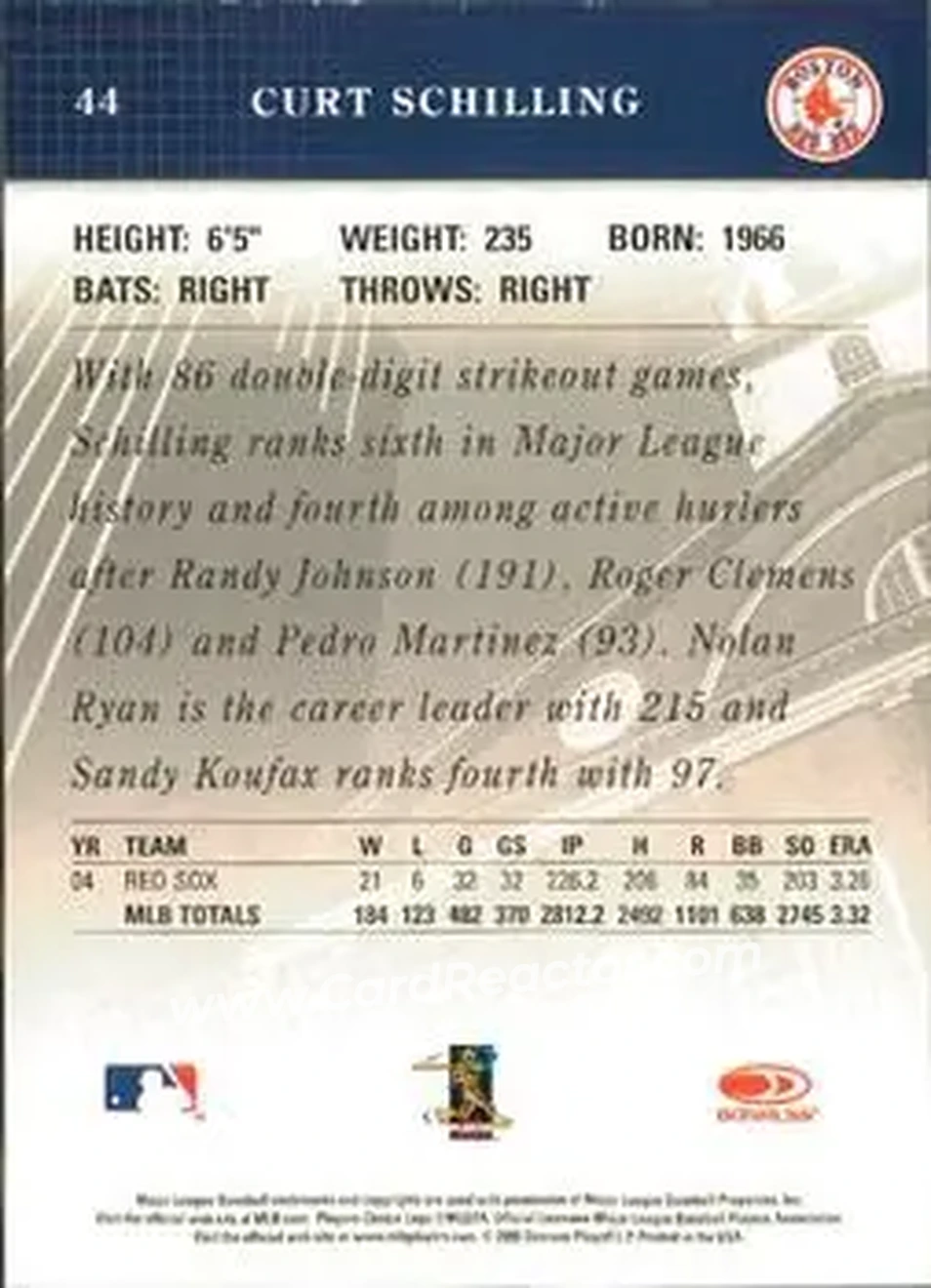 2005 Donruss Studio #44 - Curt Schilling - Boston Red Sox - Back