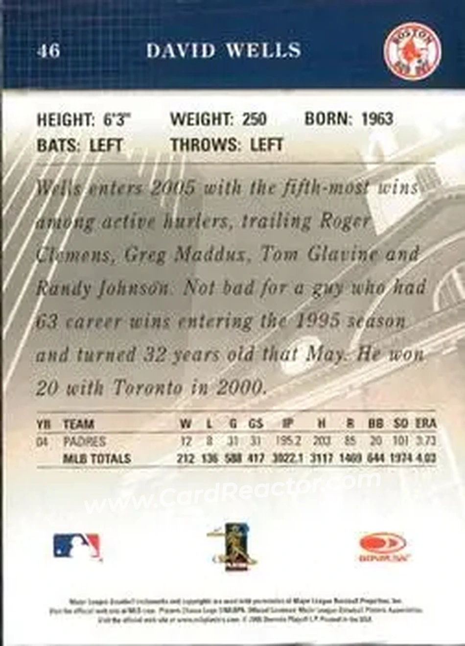 2005 Donruss Studio #46 - David Wells - Boston Red Sox - Back