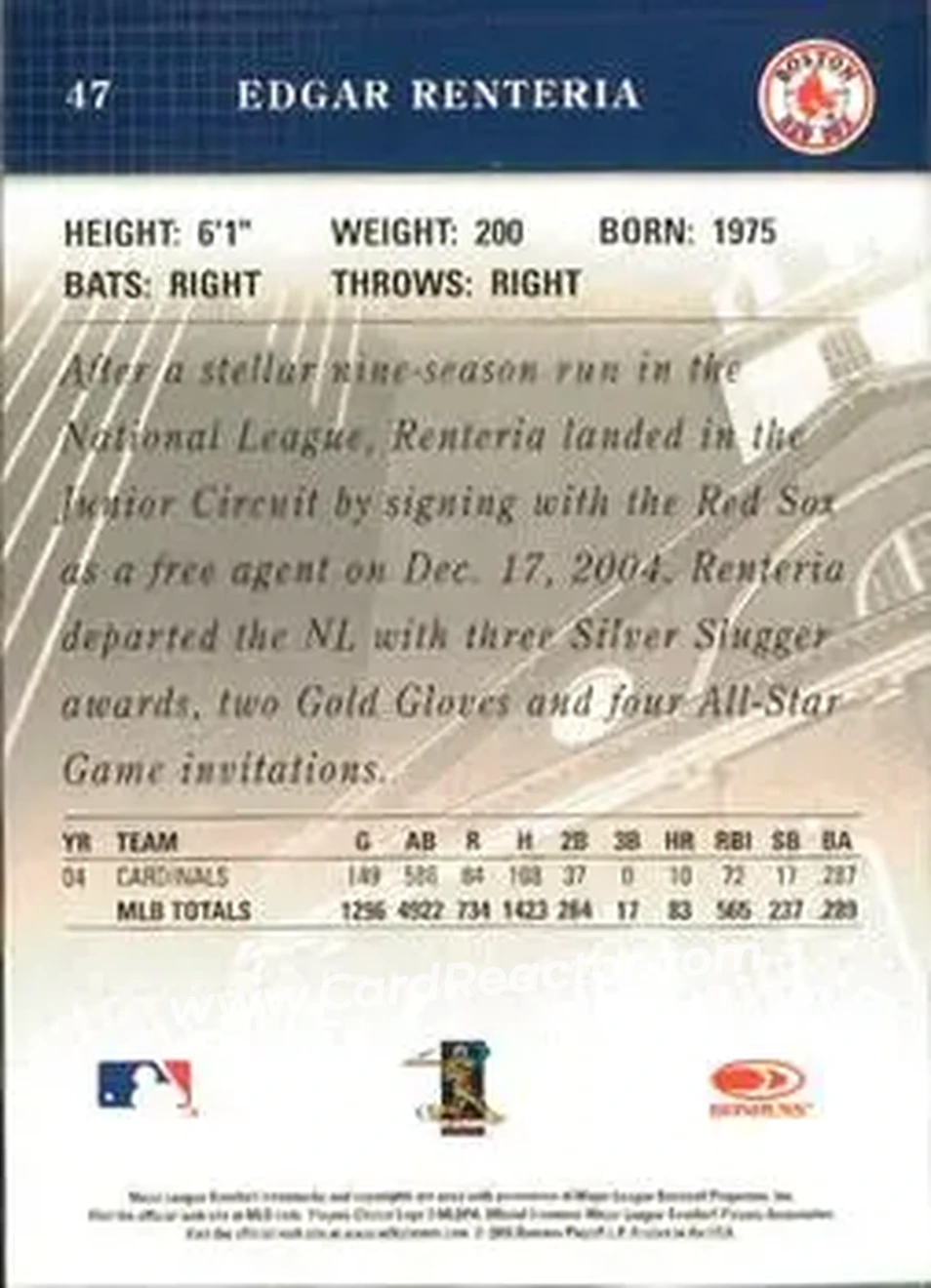 2005 Donruss Studio #47 - Edgar Renteria - Boston Red Sox - Back