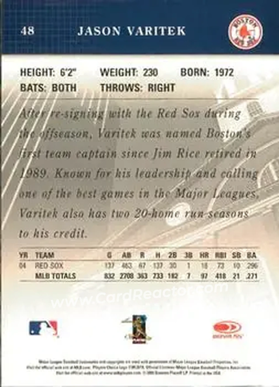 2005 Donruss Studio #48 - Jason Varitek - Boston Red Sox - Back 2005 Donruss Studio #48 - Jason Varitek - Boston Red Sox - Back