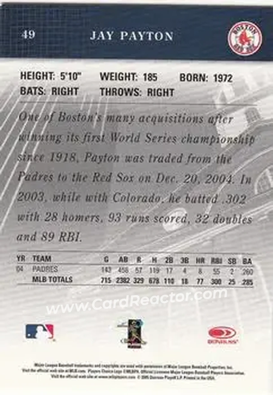 2005 Donruss Studio #49 - Jay Payton - Boston Red Sox - Back