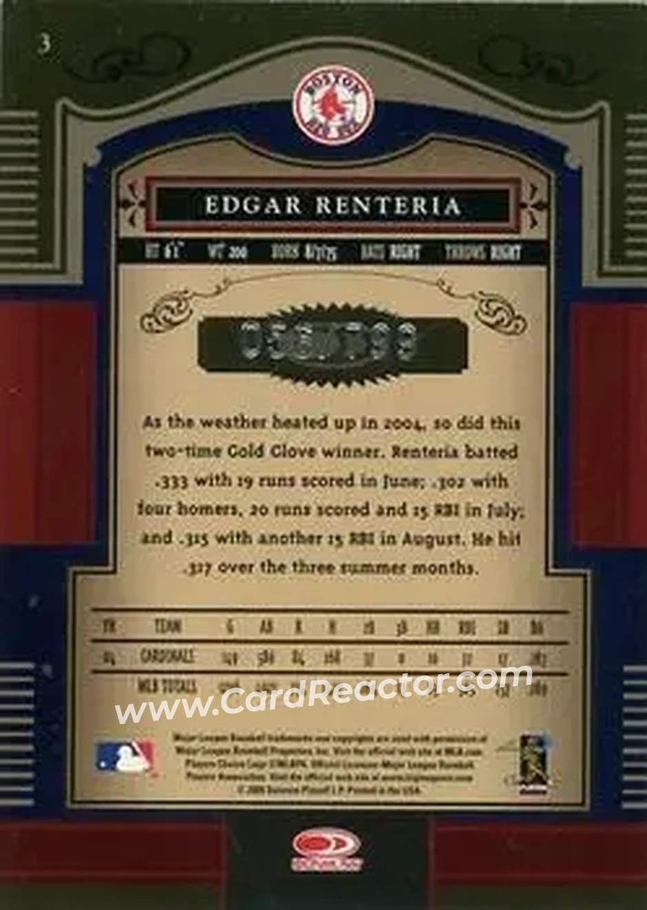 2005 Donruss Timeless Treasures #3 - Edgar Renteria - Boston Red Sox - Back 2005 Donruss Timeless Treasures #3 - Edgar Renteria - Boston Red Sox - Back