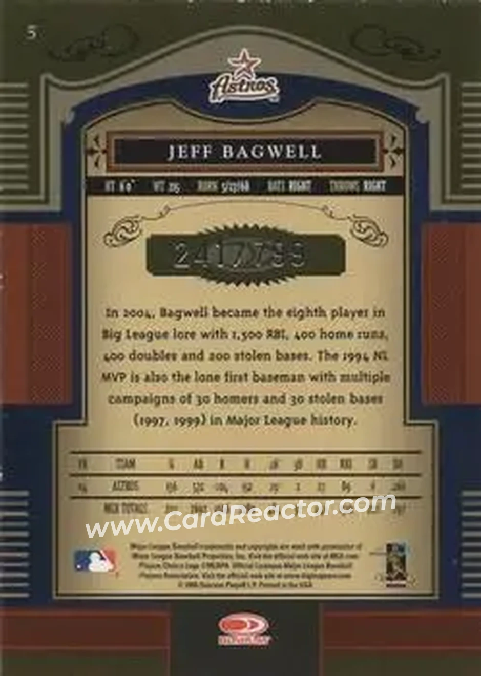 2005 Donruss Timeless Treasures #5 - Jeff Bagwell - Houston Astros - Back