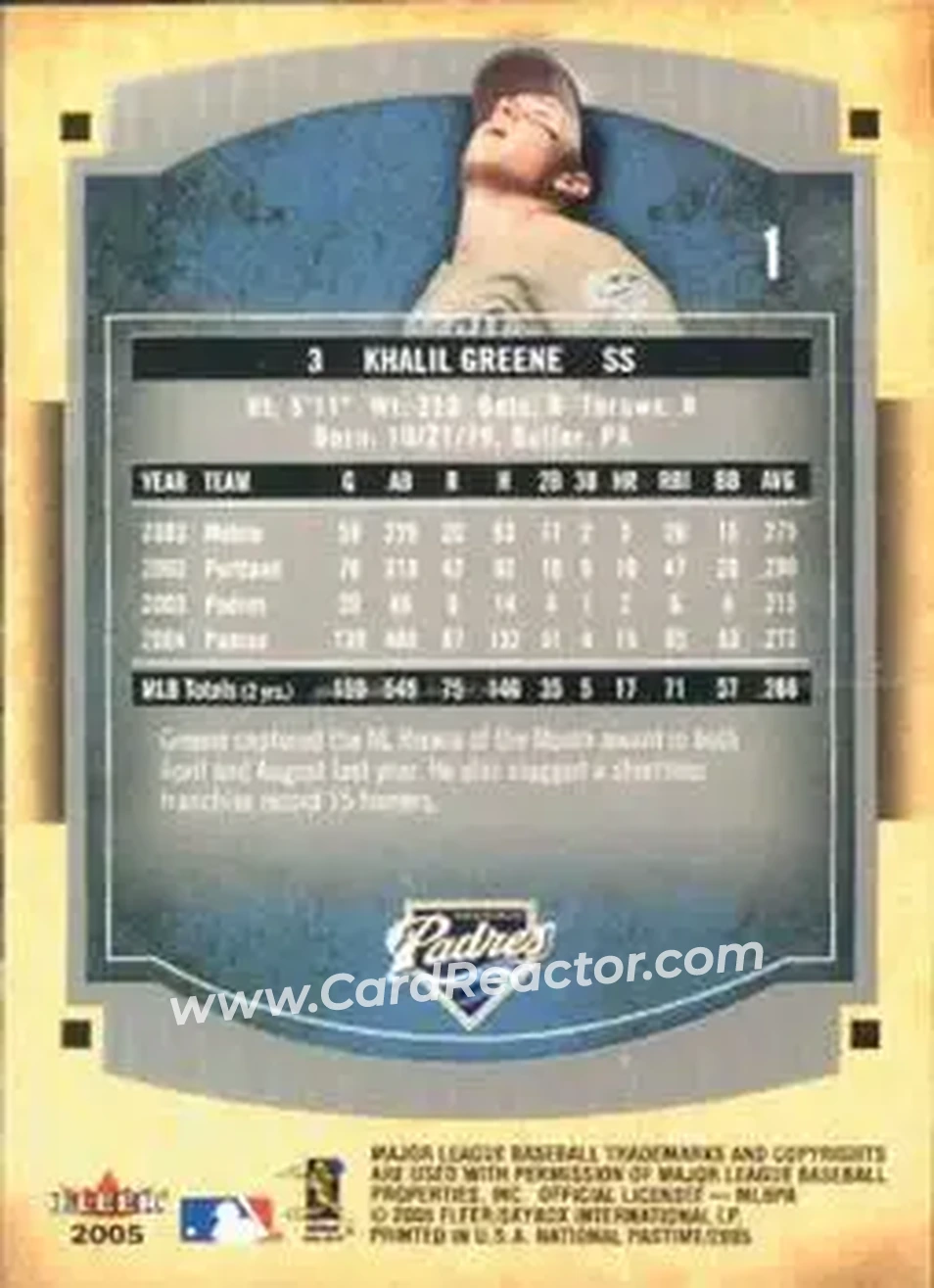 2005 Fleer National Pastime #1 - Khalil Greene - San Diego Padres - Back