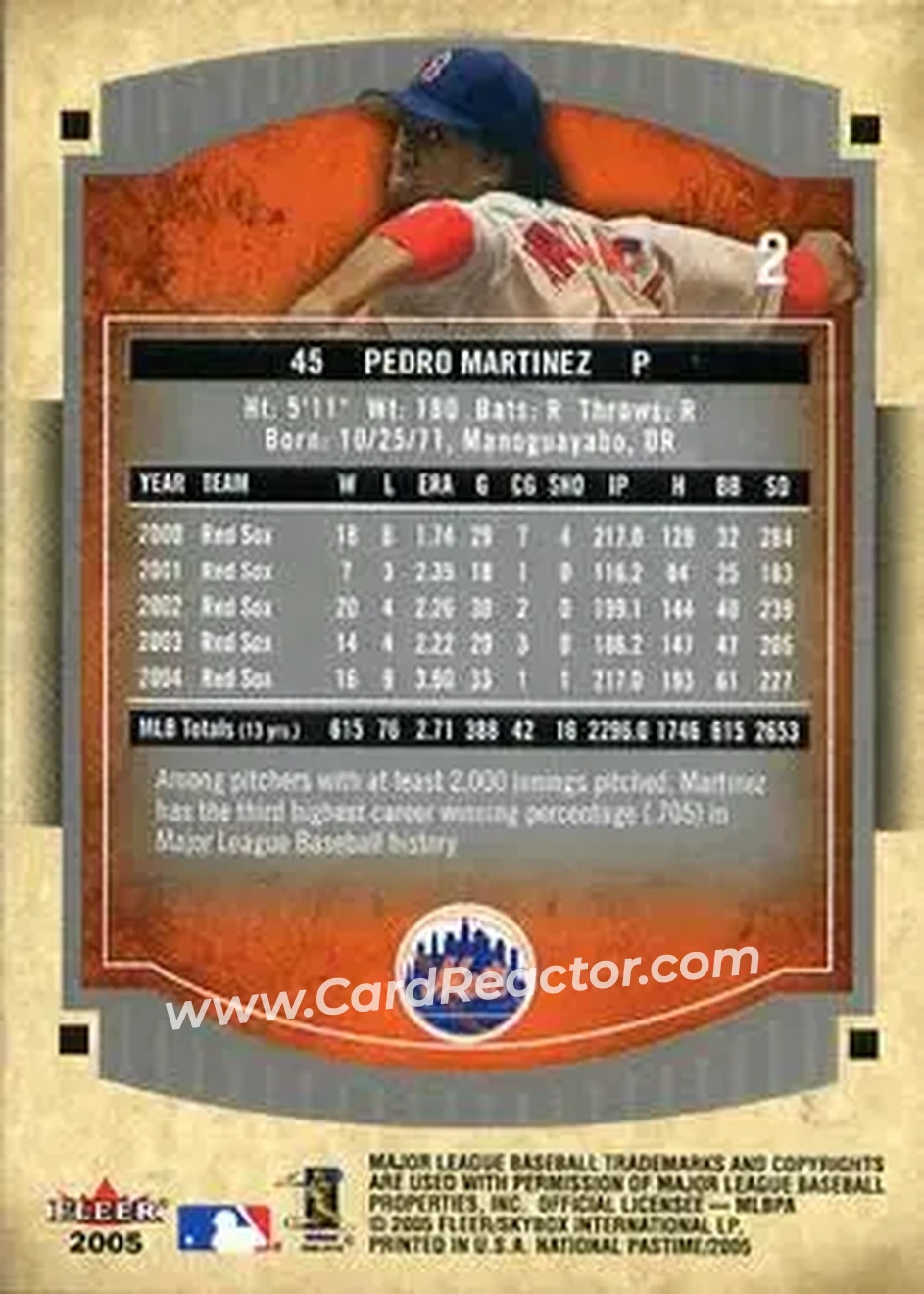 2005 Fleer National Pastime #2 - Pedro Martinez - New York Mets - Back 2005 Fleer National Pastime #2 - Pedro Martinez - New York Mets - Back