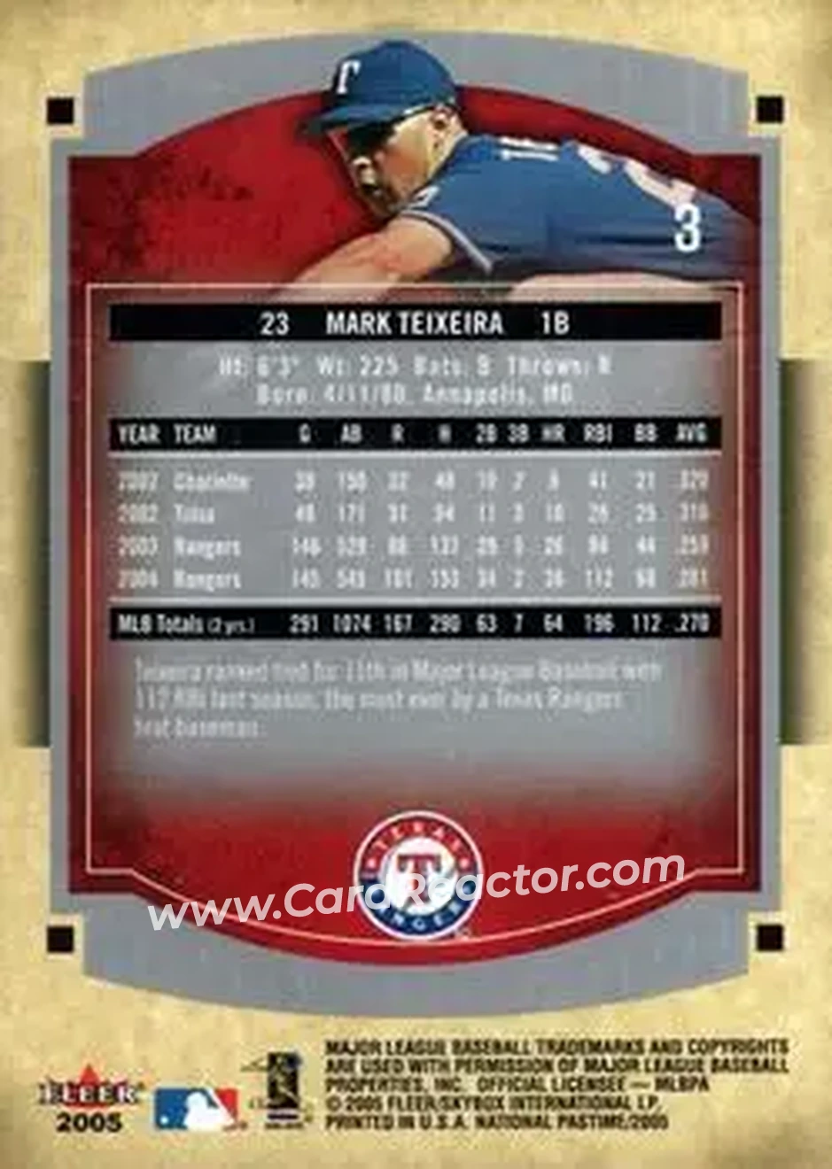 2005 Fleer National Pastime #3 - Mark Teixeira - Texas Rangers - Back 2005 Fleer National Pastime #3 - Mark Teixeira - Texas Rangers - Back