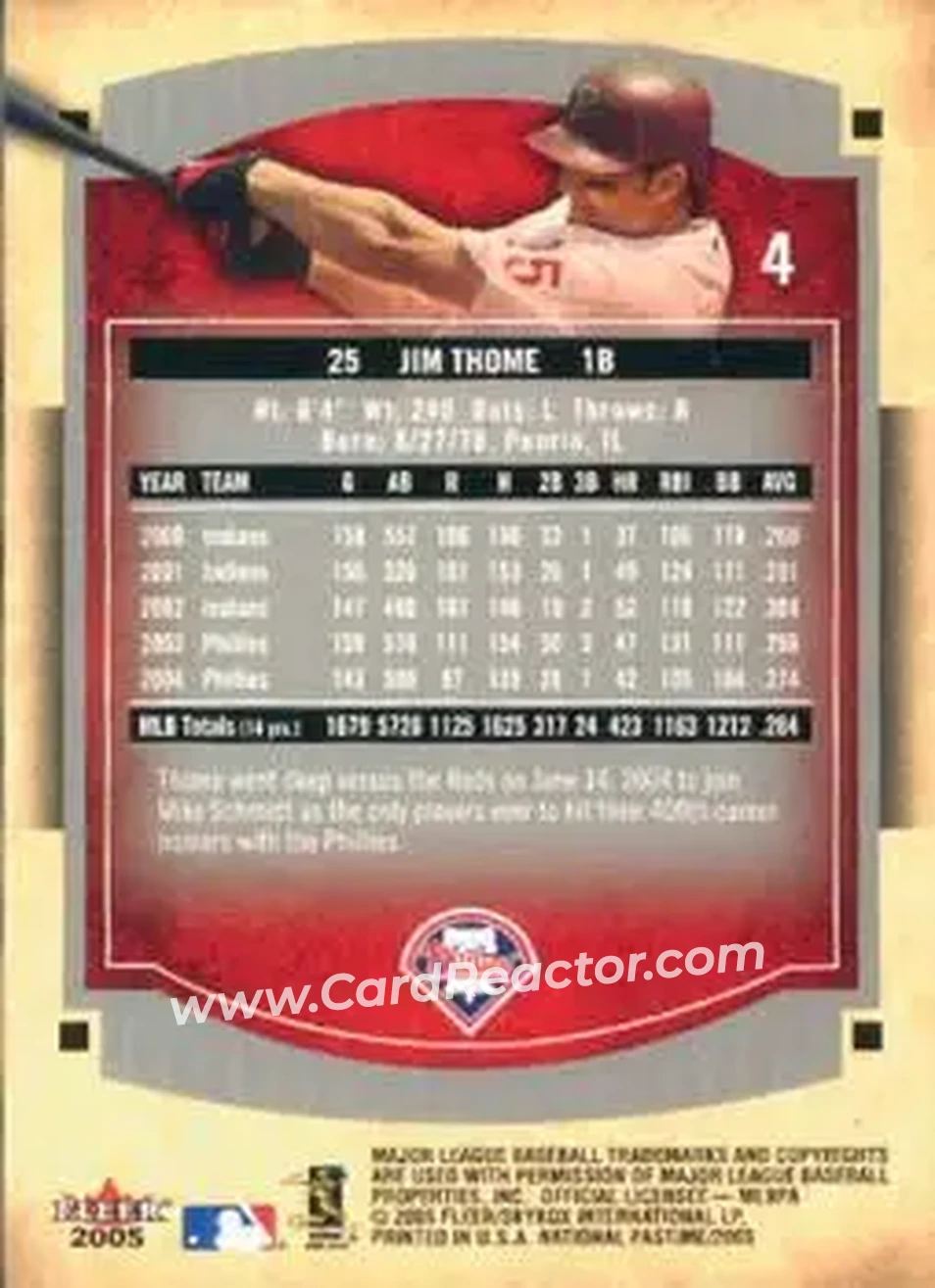 2005 Fleer National Pastime #4 - Jim Thome - Philadelphia Phillies - Back 2005 Fleer National Pastime #4 - Jim Thome - Philadelphia Phillies - Back
