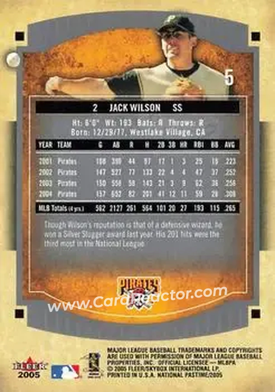 2005 Fleer National Pastime #5 - Jack Wilson - Pittsburgh Pirates - Back 2005 Fleer National Pastime #5 - Jack Wilson - Pittsburgh Pirates - Back
