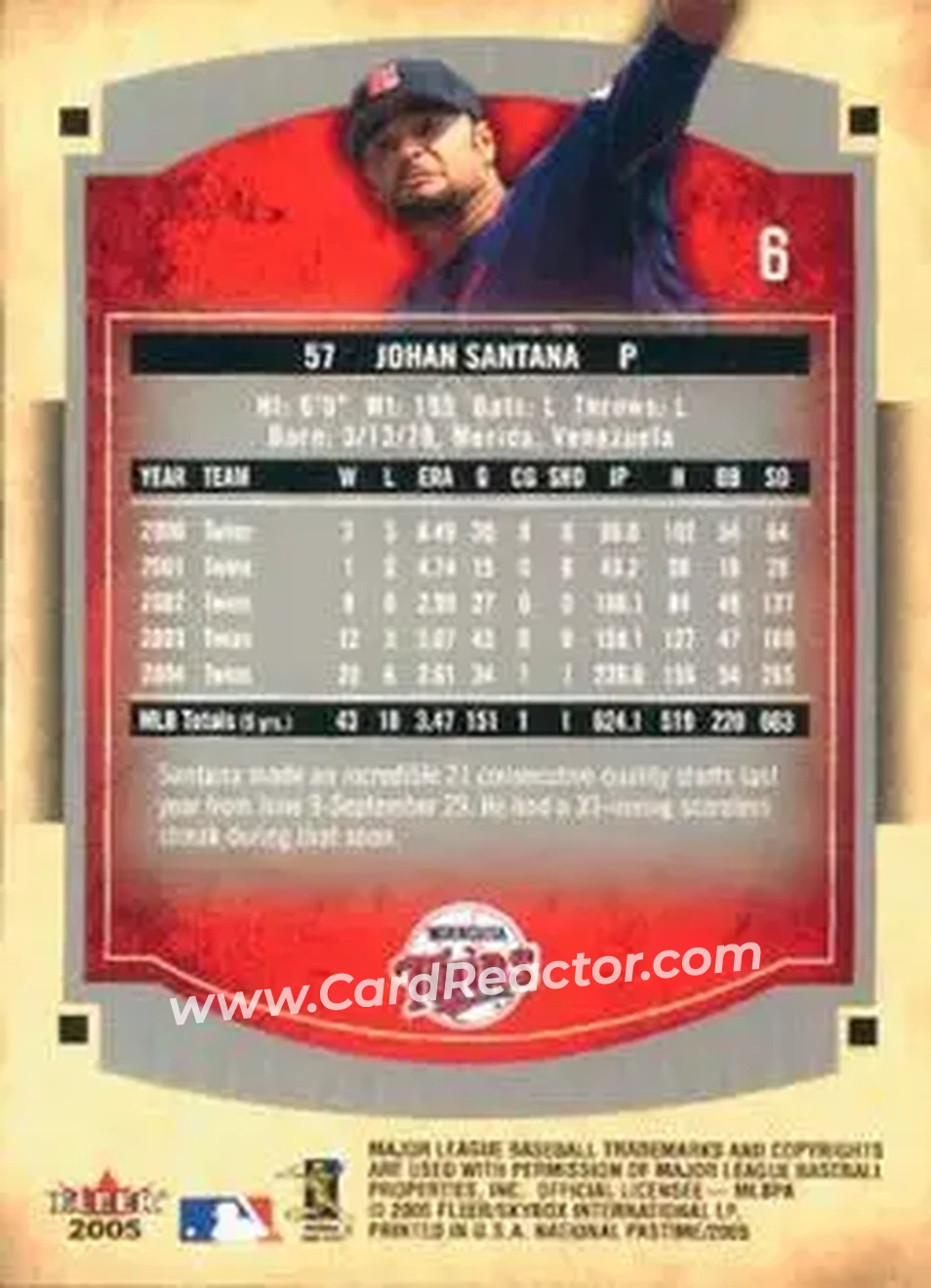 2005 Fleer National Pastime #6 - Johan Santana - Minnesota Twins - Back