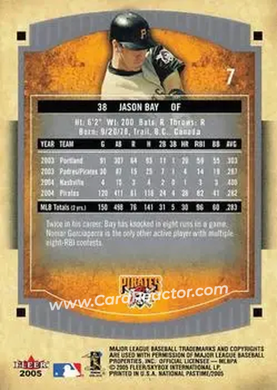 2005 Fleer National Pastime #7 - Jason Bay - Pittsburgh Pirates - Back